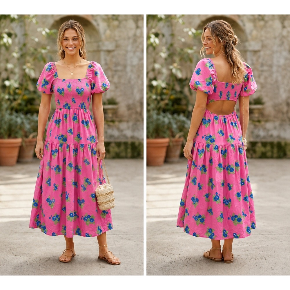 Moon River Pink Floral Smocked Maxi Dress Puff Sleeve Cutout Back Small